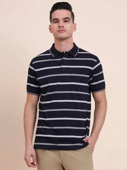 Navy Blue & White Striped Regular Fit Polo T-Shirt | Greenfibre