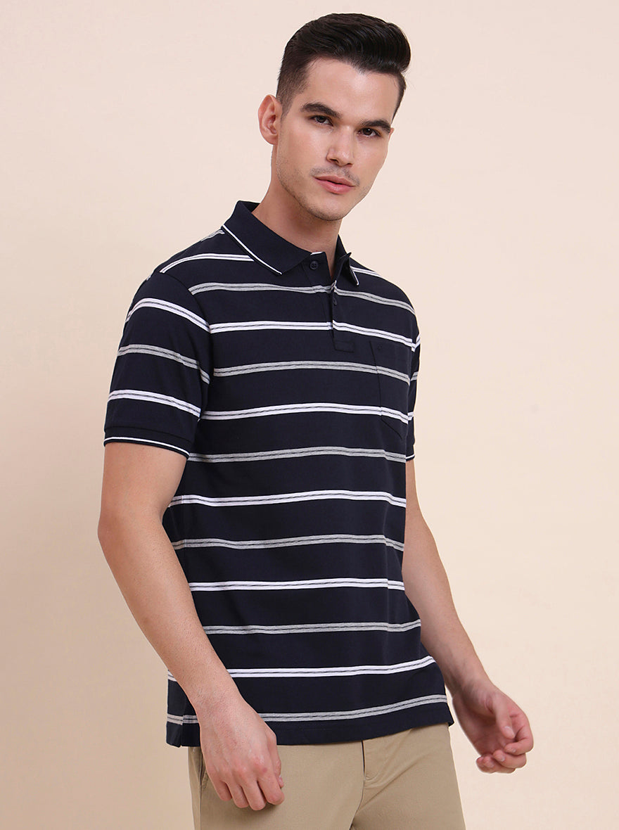 Navy Blue & White Striped Regular Fit Polo T-Shirt | Greenfibre