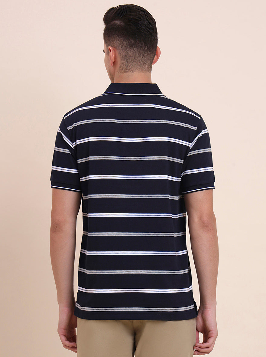 Navy Blue & White Striped Regular Fit Polo T-Shirt | Greenfibre