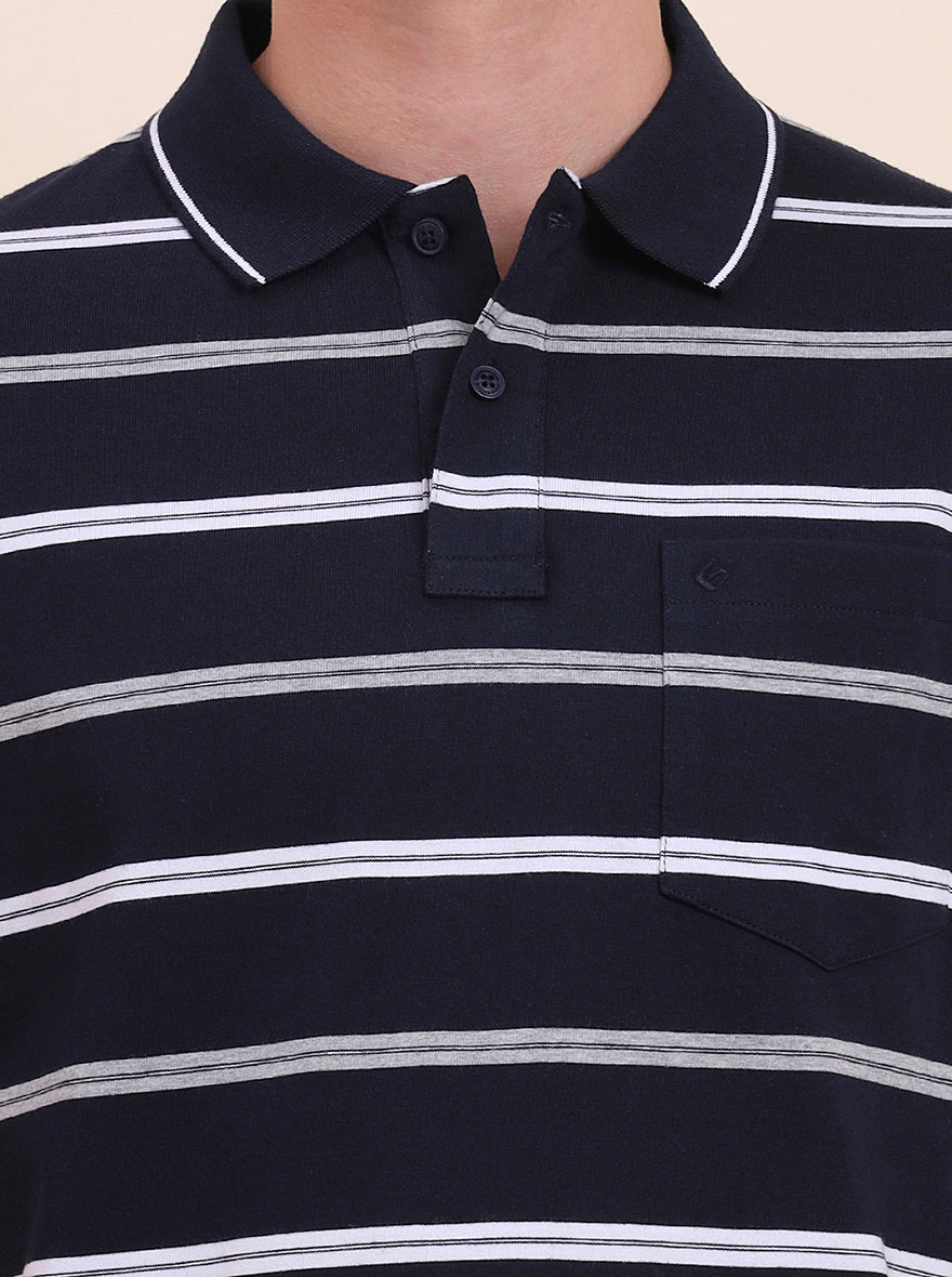 Navy Blue & White Striped Regular Fit Polo T-Shirt | Greenfibre