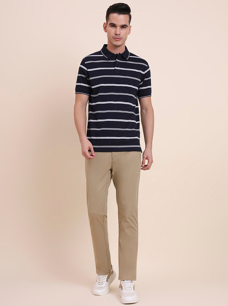 Navy Blue & White Striped Regular Fit Polo T-Shirt | Greenfibre