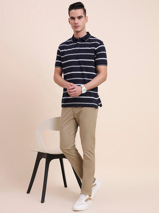 Navy Blue & White Striped Regular Fit Polo T-Shirt | Greenfibre