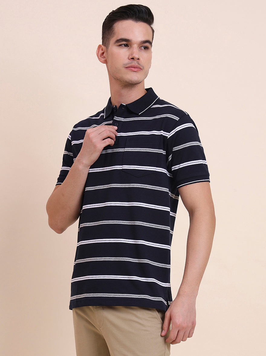 Navy Blue & White Striped Regular Fit Polo T-Shirt | Greenfibre