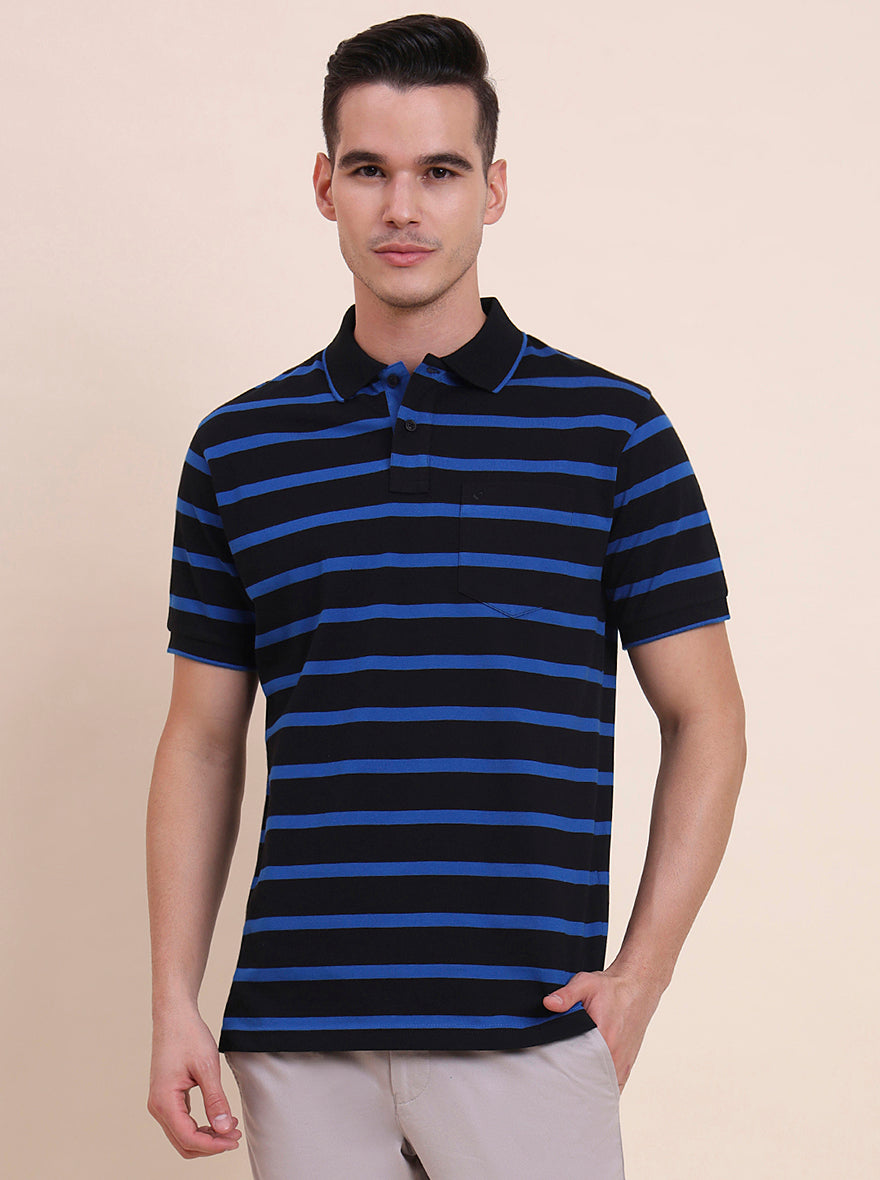 Black & Royal Blue Striped Regular Fit Polo T-Shirt | Greenfibre