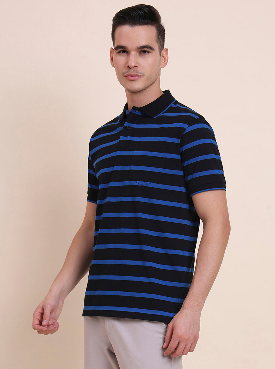 Black & Royal Blue Striped Regular Fit Polo T-Shirt | Greenfibre