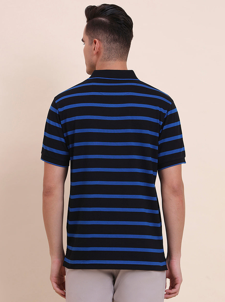 Black & Royal Blue Striped Regular Fit Polo T-Shirt | Greenfibre