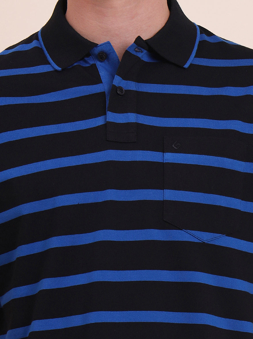 Black & Royal Blue Striped Regular Fit Polo T-Shirt | Greenfibre