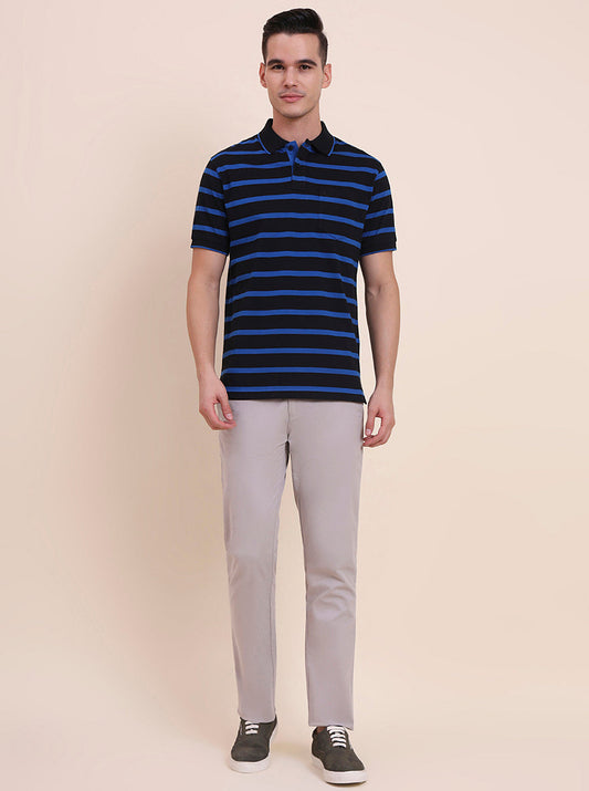 Black & Royal Blue Striped Regular Fit Polo T-Shirt | Greenfibre