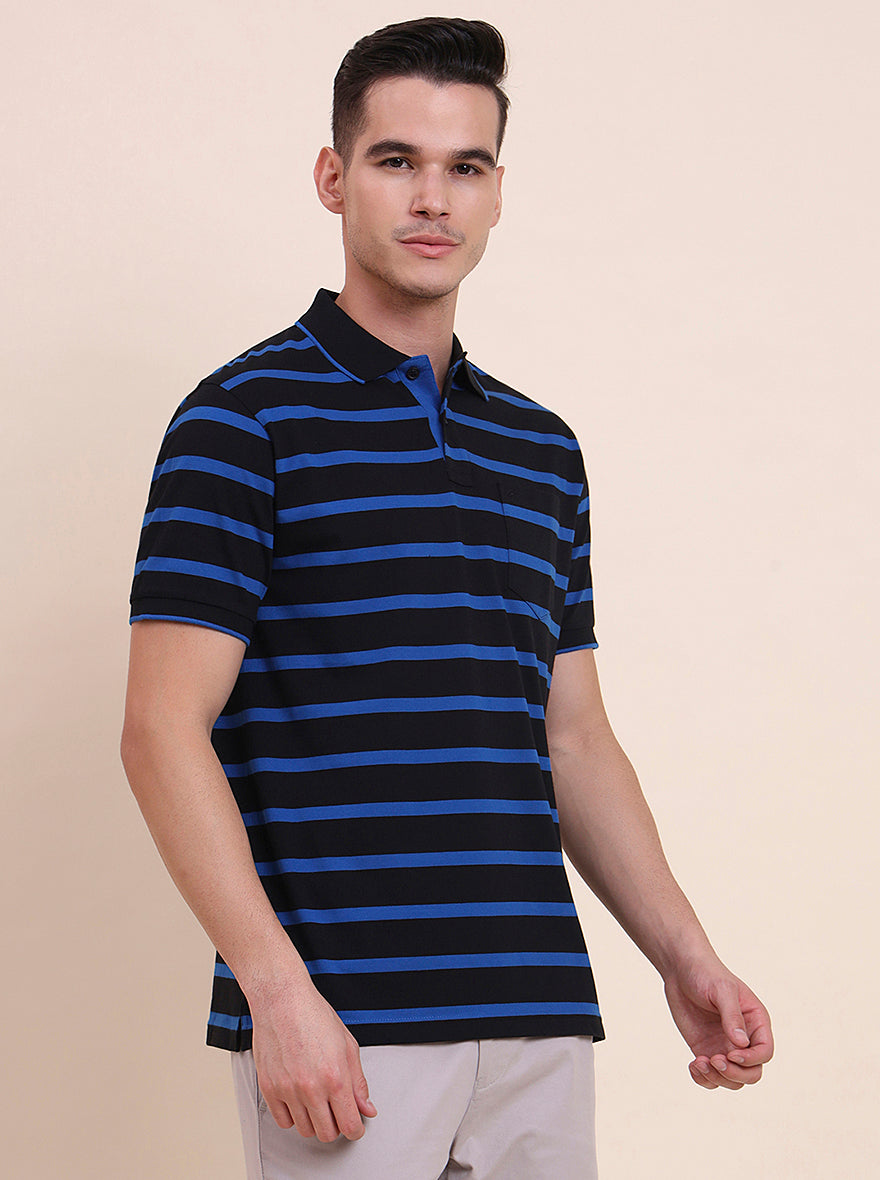 Black & Royal Blue Striped Regular Fit Polo T-Shirt | Greenfibre