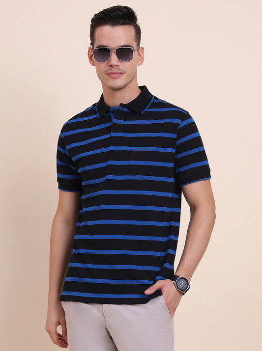 Black & Royal Blue Striped Regular Fit Polo T-Shirt | Greenfibre