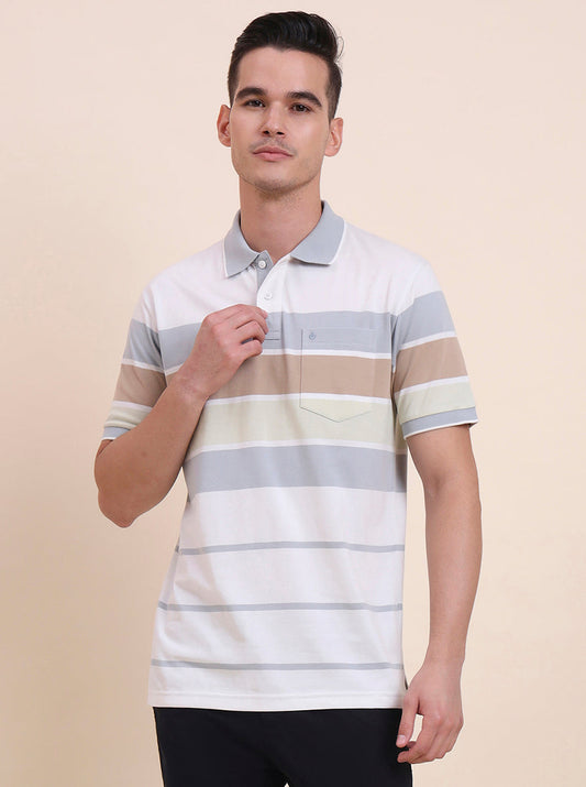 White & Light Grey Striped Regular Fit Polo T-Shirt | Greenfibre