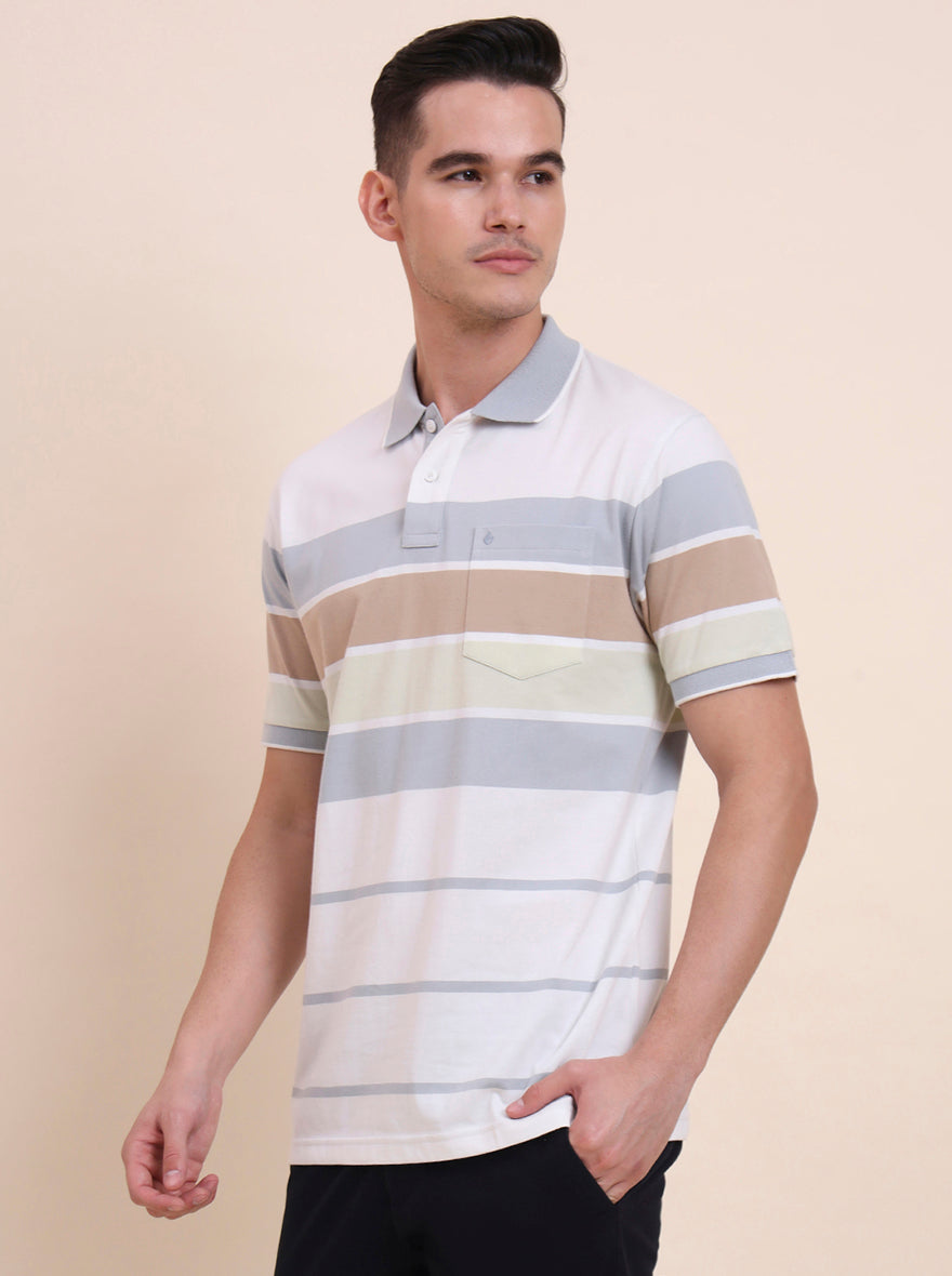 White & Light Grey Striped Regular Fit Polo T-Shirt | Greenfibre