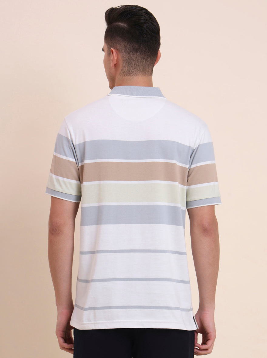 White & Light Grey Striped Regular Fit Polo T-Shirt | Greenfibre