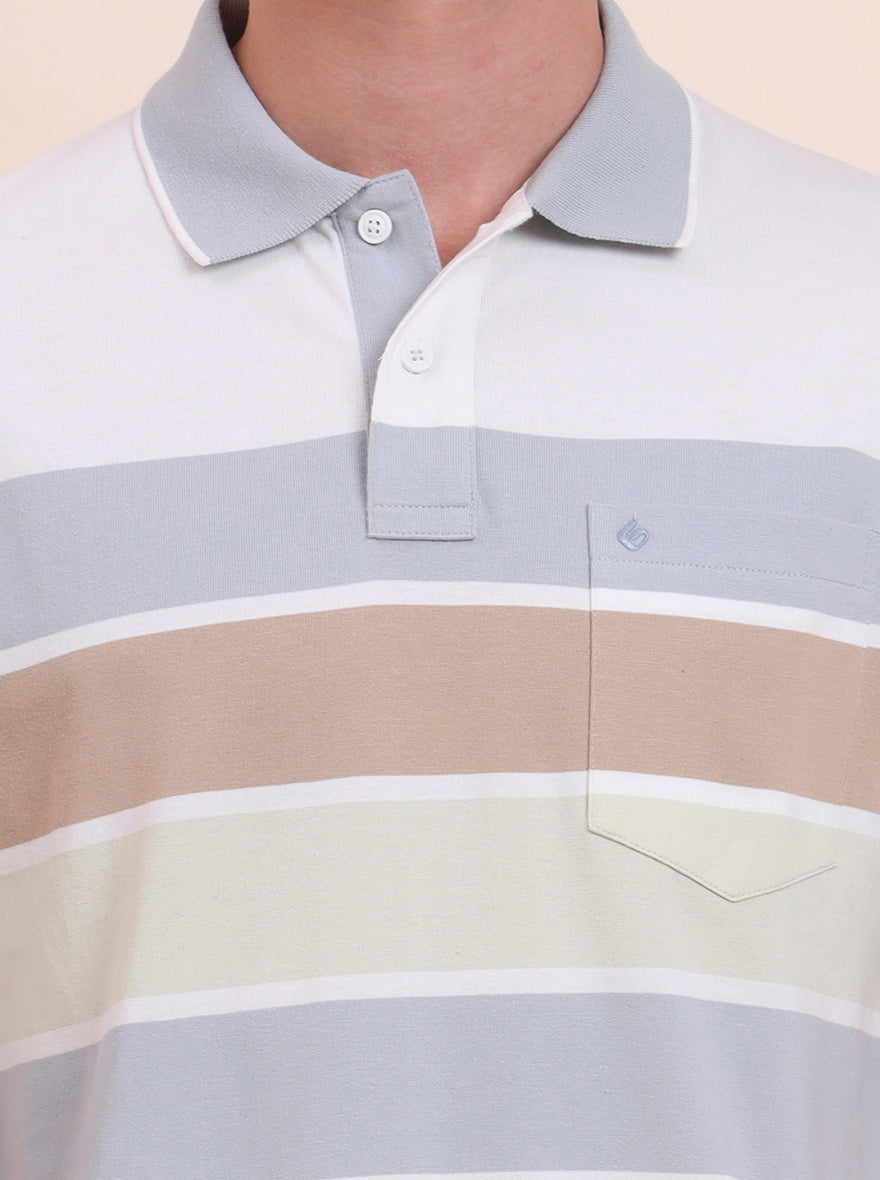 White & Light Grey Striped Regular Fit Polo T-Shirt | Greenfibre