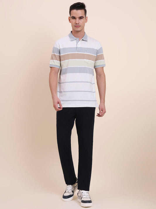White & Light Grey Striped Regular Fit Polo T-Shirt | Greenfibre