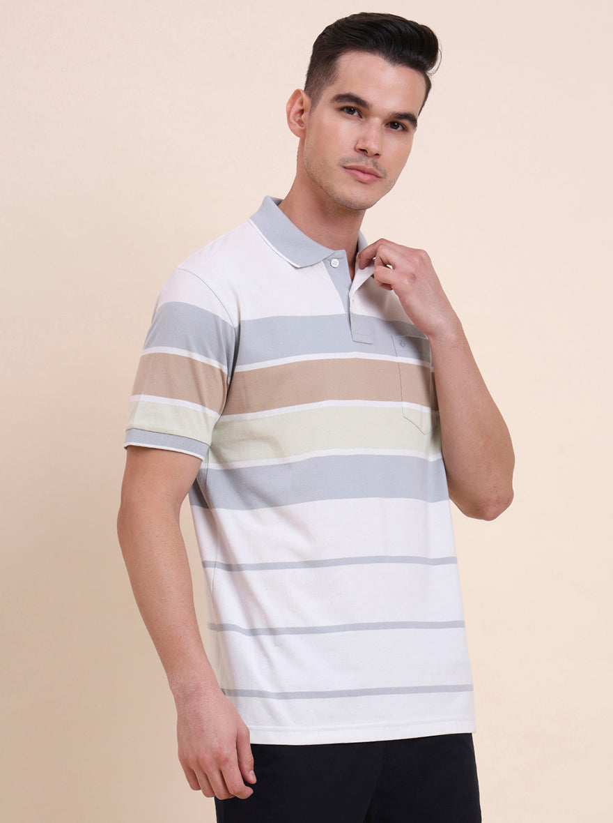 White & Light Grey Striped Regular Fit Polo T-Shirt | Greenfibre