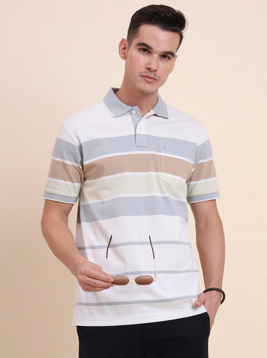 White & Light Grey Striped Regular Fit Polo T-Shirt | Greenfibre