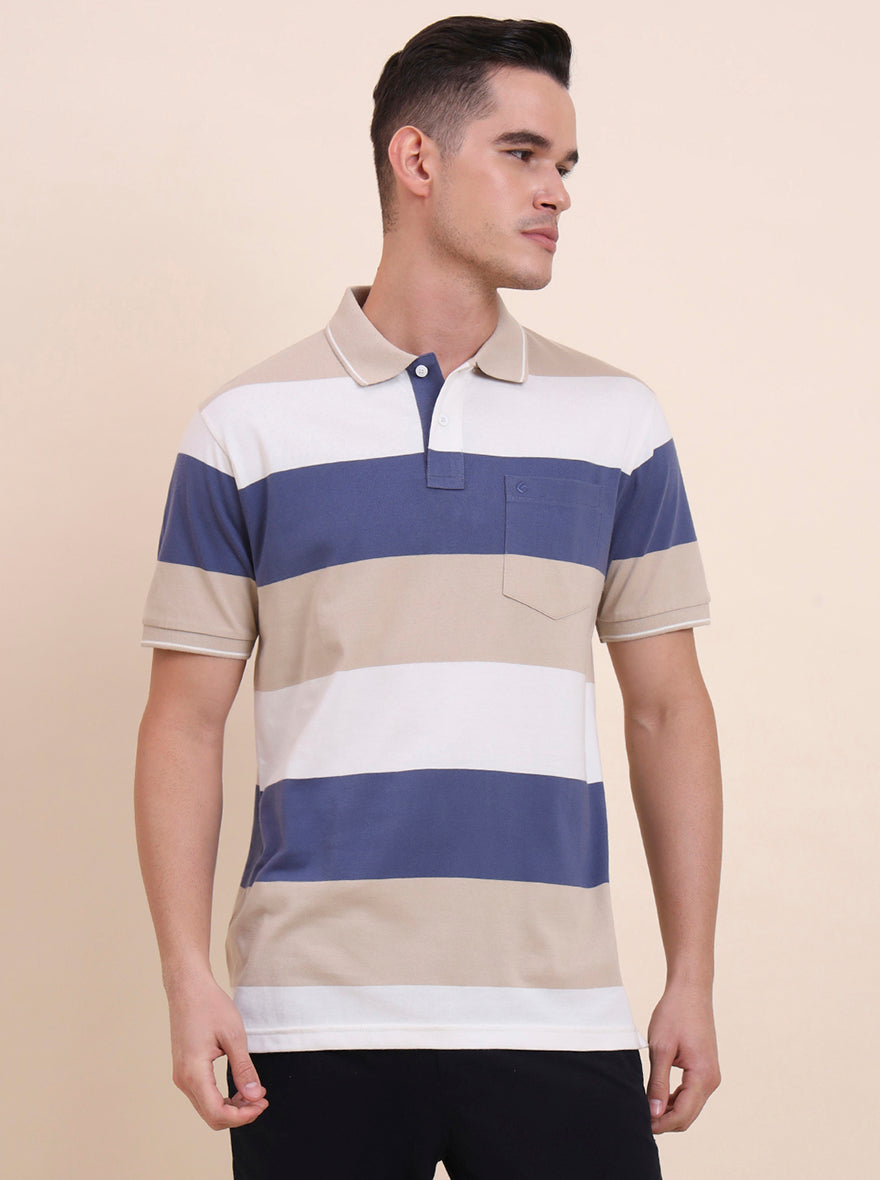 White & Beige Striped Regular Fit Polo T-Shirt | Greenfibre