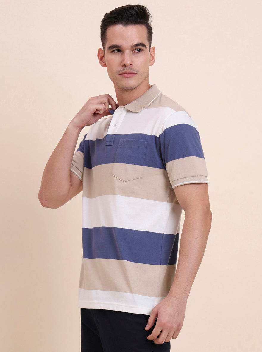 White & Beige Striped Regular Fit Polo T-Shirt | Greenfibre