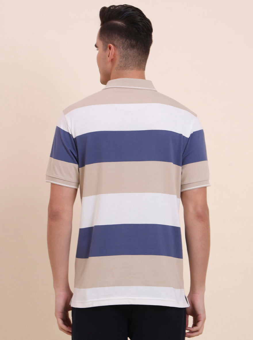 White & Beige Striped Regular Fit Polo T-Shirt | Greenfibre