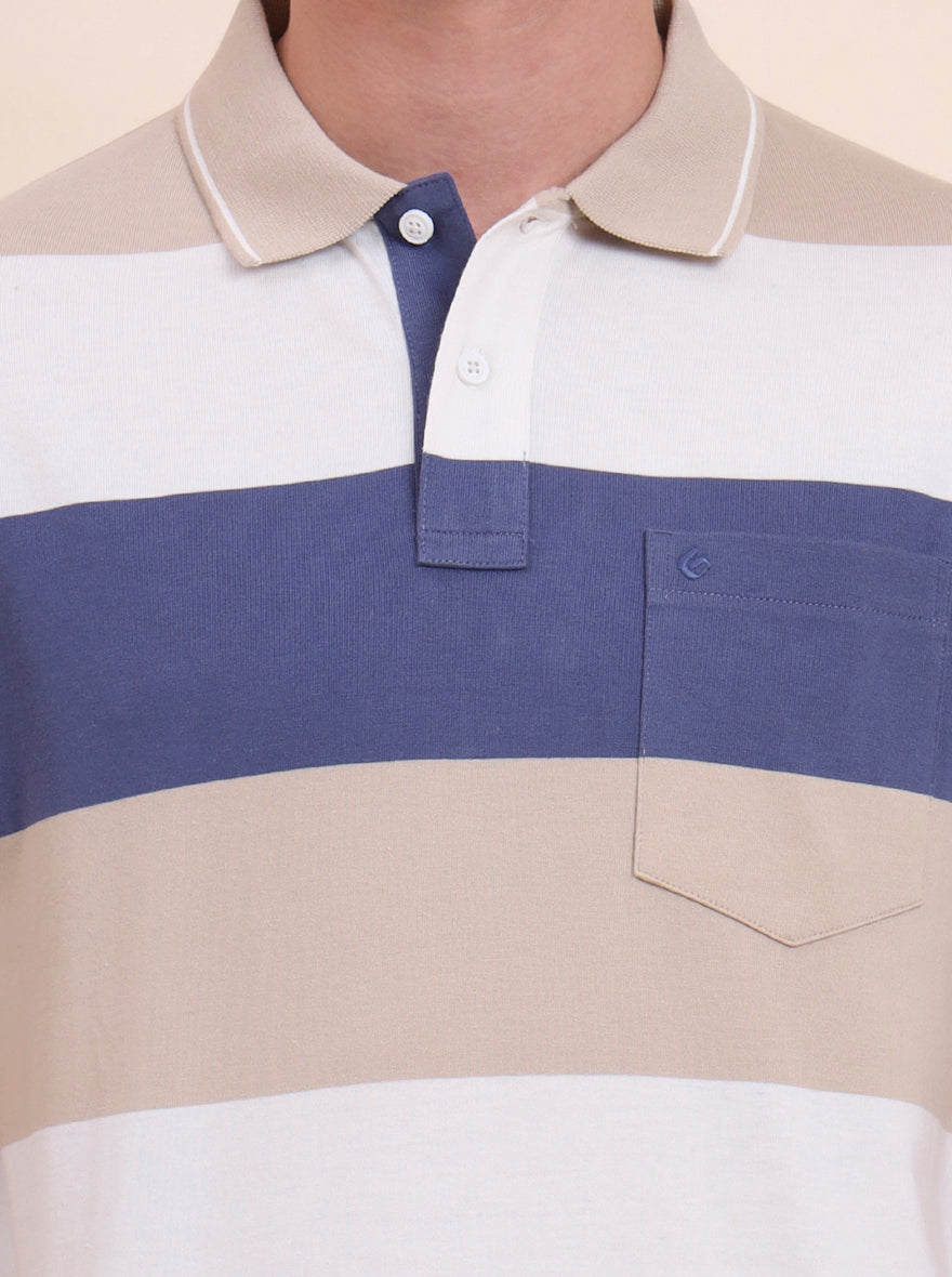 White & Beige Striped Regular Fit Polo T-Shirt | Greenfibre