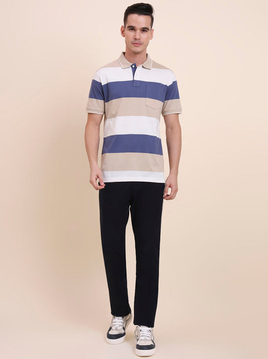 White & Beige Striped Regular Fit Polo T-Shirt | Greenfibre