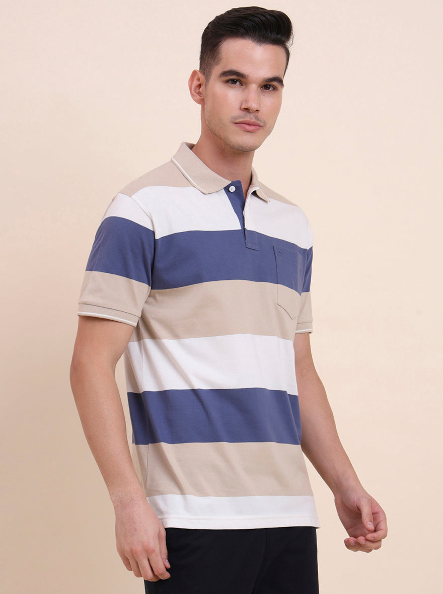 White & Beige Striped Regular Fit Polo T-Shirt | Greenfibre