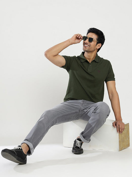 Olive Green Solid Slim Fit Polo T-Shirt | Greenfibre
