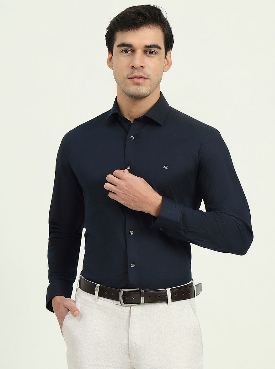 Navy Blue Solid Slim Fit Party Wear Shirt | Greenfibre