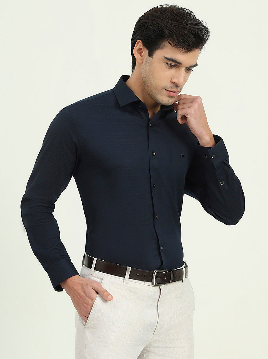 Navy Blue Solid Slim Fit Party Wear Shirt | Greenfibre