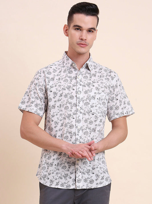 White Printed Slim Fit Casual Shirt | Greenfibre
