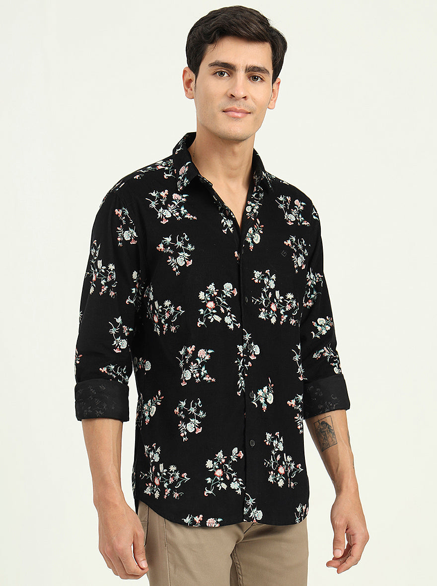 Black Printed Slim Fit Casual Shirt | Greenfibre
