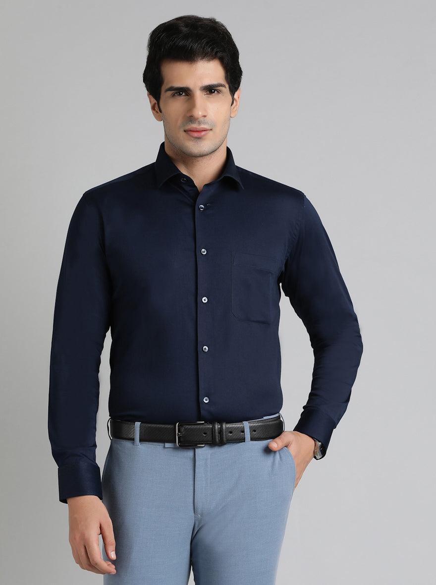 Navy Blue Solid Slim Fit Party Wear Shirt | Greenfibre