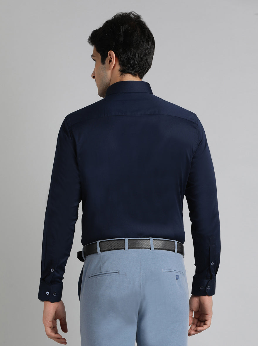 Navy Blue Solid Slim Fit Party Wear Shirt | Greenfibre