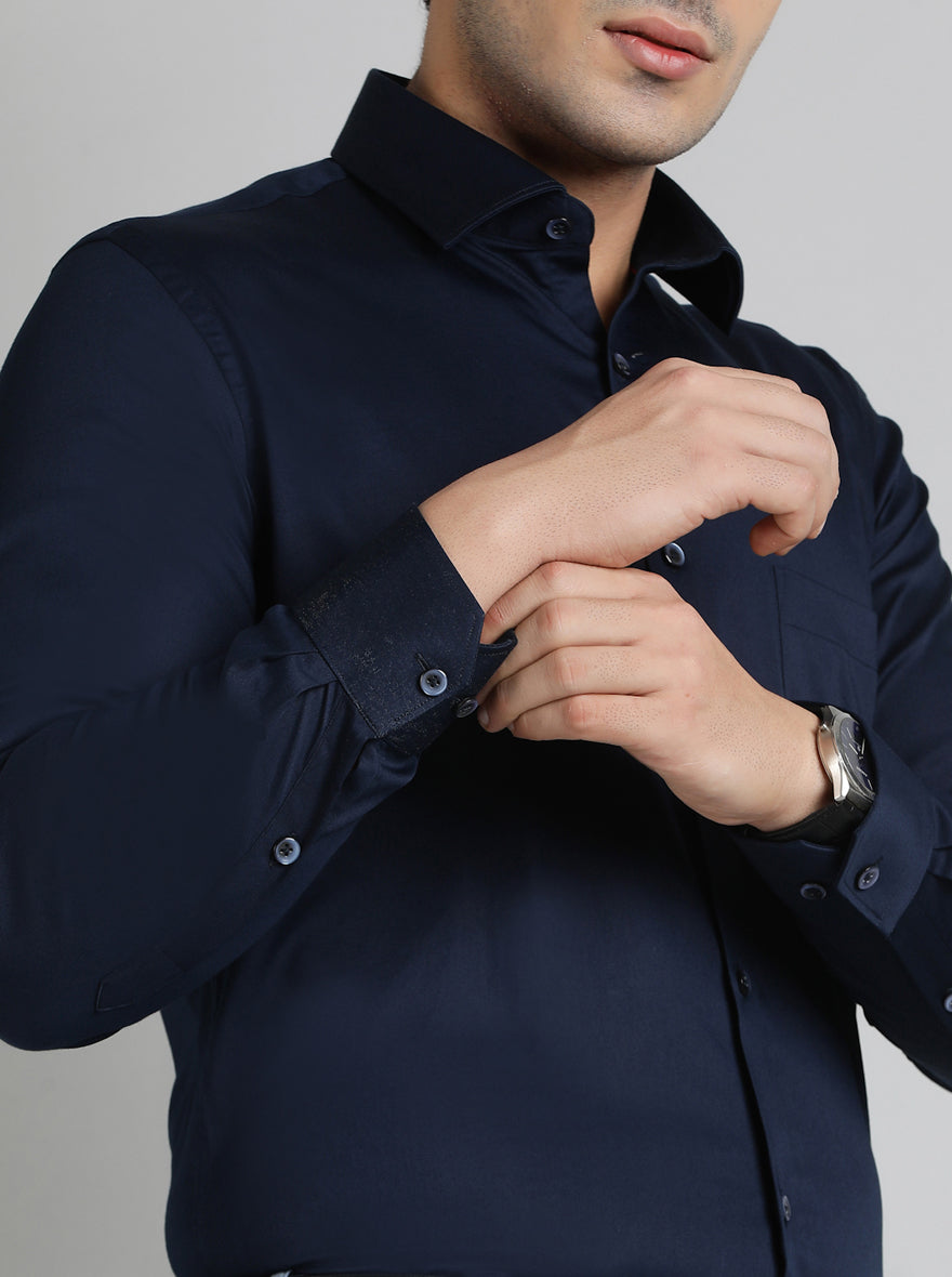 Navy Blue Solid Slim Fit Party Wear Shirt | Greenfibre