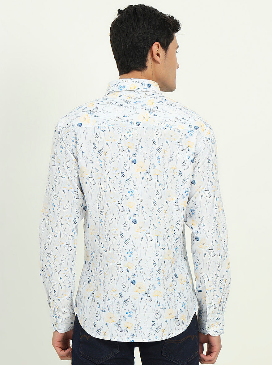 White & Blue Printed Slim Fit Casual Shirt | Greenfibre