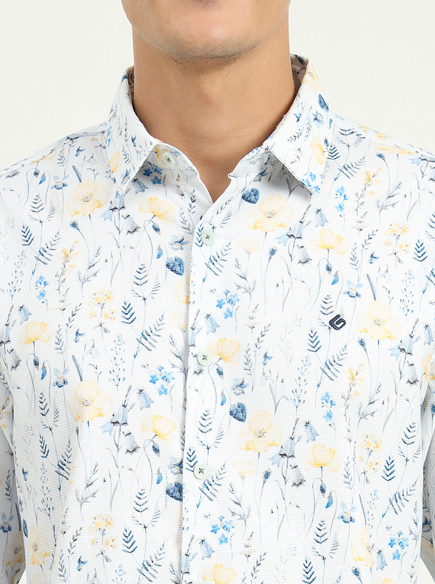 White & Blue Printed Slim Fit Casual Shirt | Greenfibre