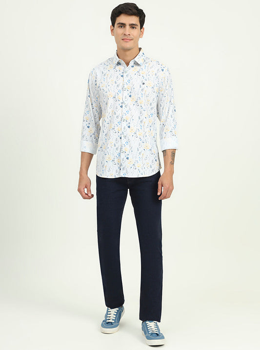 White & Blue Printed Slim Fit Casual Shirt | Greenfibre