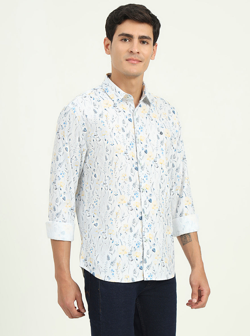 White & Blue Printed Slim Fit Casual Shirt | Greenfibre