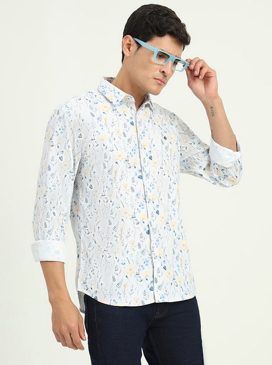 White & Blue Printed Slim Fit Casual Shirt | Greenfibre