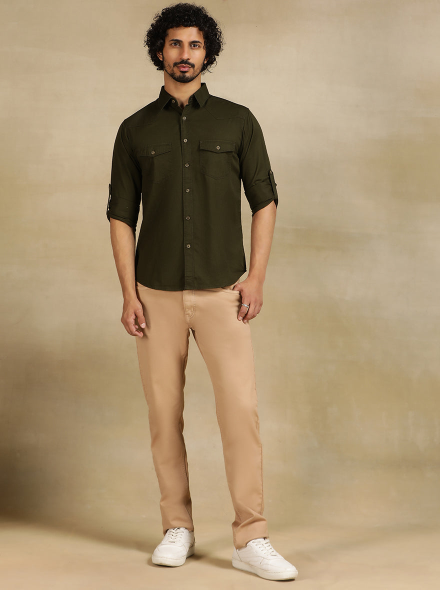 Olive Green Solid Slim Fit Casual Shirt | Greenfibre
