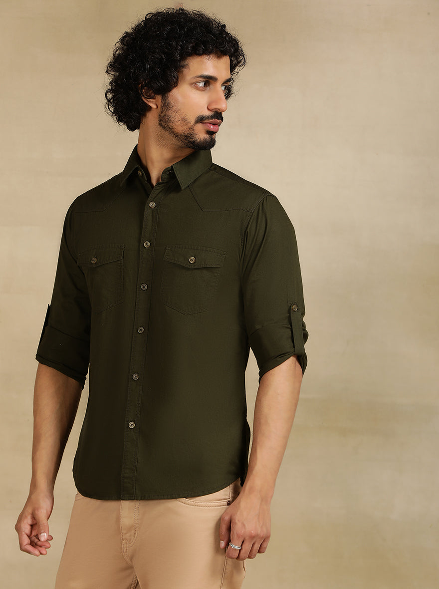 Olive Green Solid Slim Fit Casual Shirt | Greenfibre