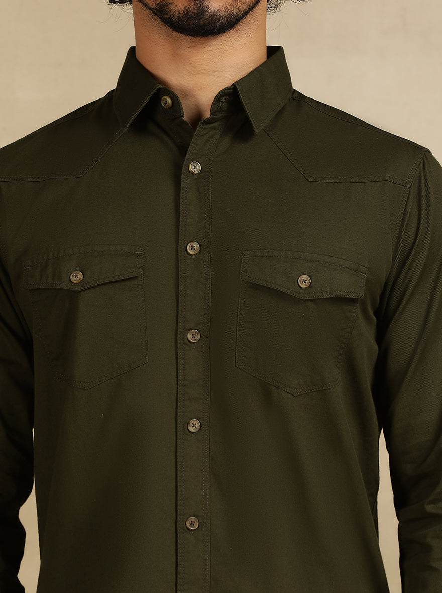 Olive Green Solid Slim Fit Casual Shirt | Greenfibre