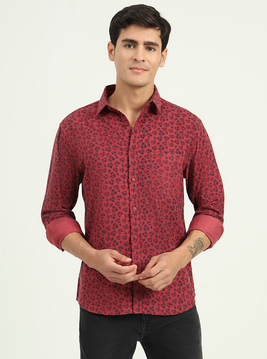 Maroon Printed Slim Fit Casual Shirt | Greenfibre