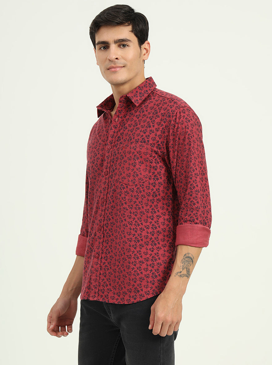 Maroon Printed Slim Fit Casual Shirt | Greenfibre