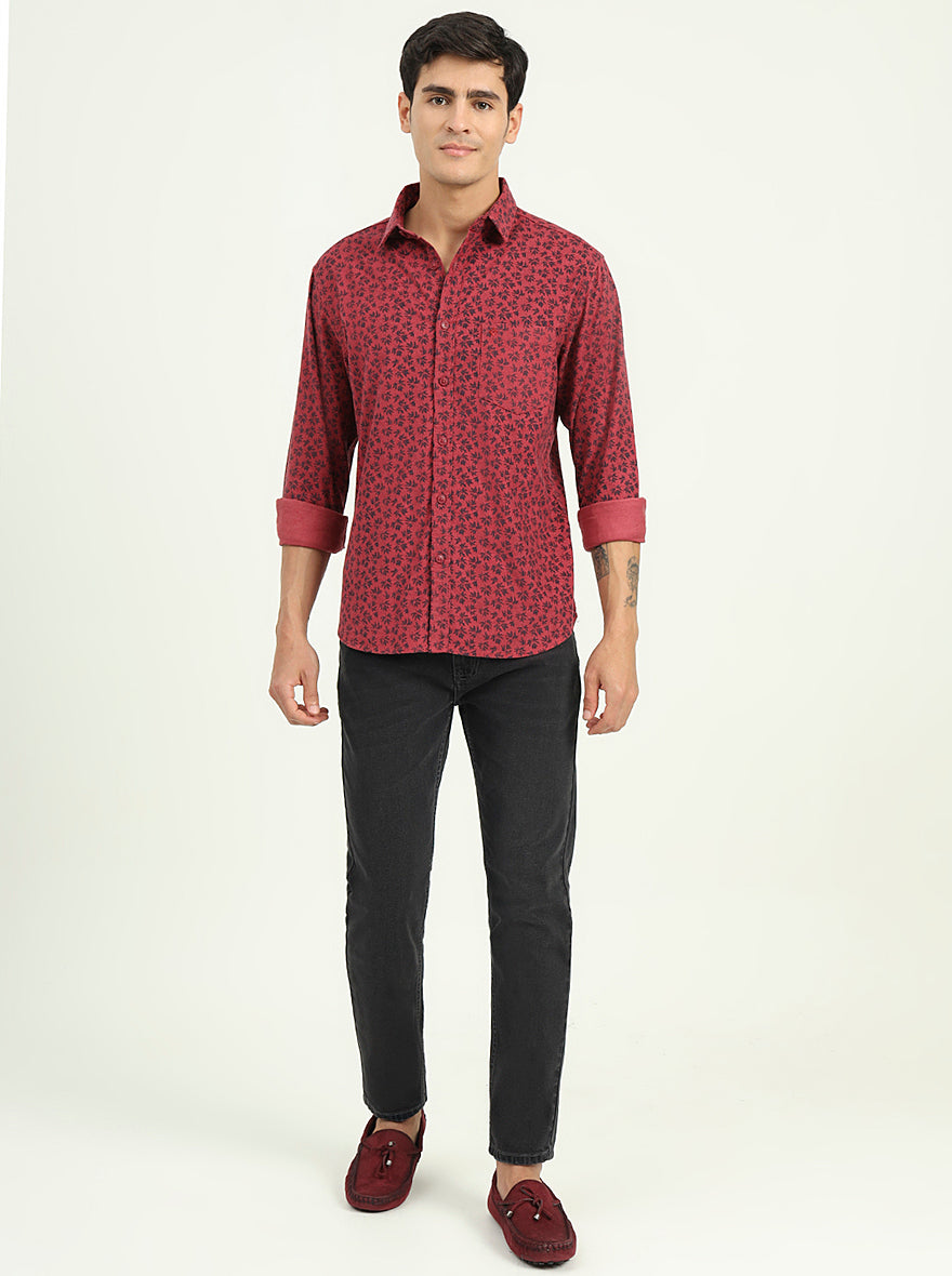 Maroon Printed Slim Fit Casual Shirt | Greenfibre