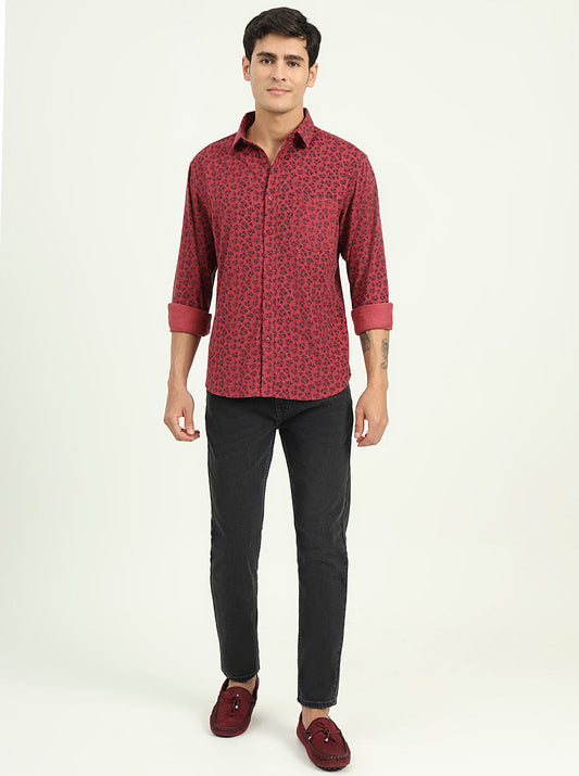 Maroon Printed Slim Fit Casual Shirt | Greenfibre