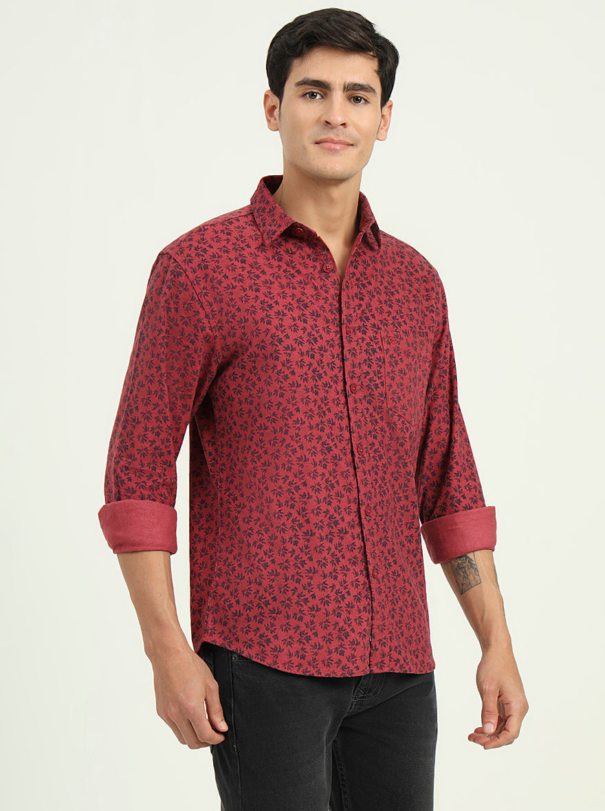 Maroon Printed Slim Fit Casual Shirt | Greenfibre