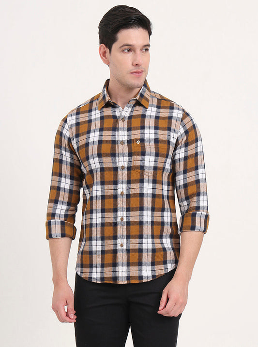 Orange & White Checked Slim Fit Casual Shirt | Greenfibre