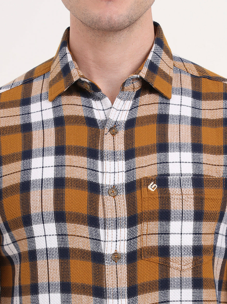 Orange & White Checked Slim Fit Casual Shirt | Greenfibre